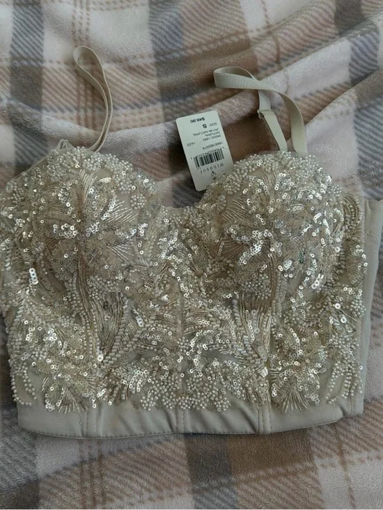 Windsor Champagne Sequin Beaded Bustier Crop Top - Picture 1 of 4